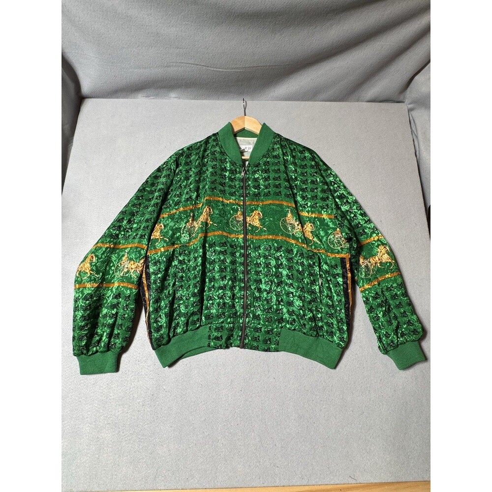 Vintage Green Gold Black Equestrian Horse Carriage Bomber Jacket Size Large